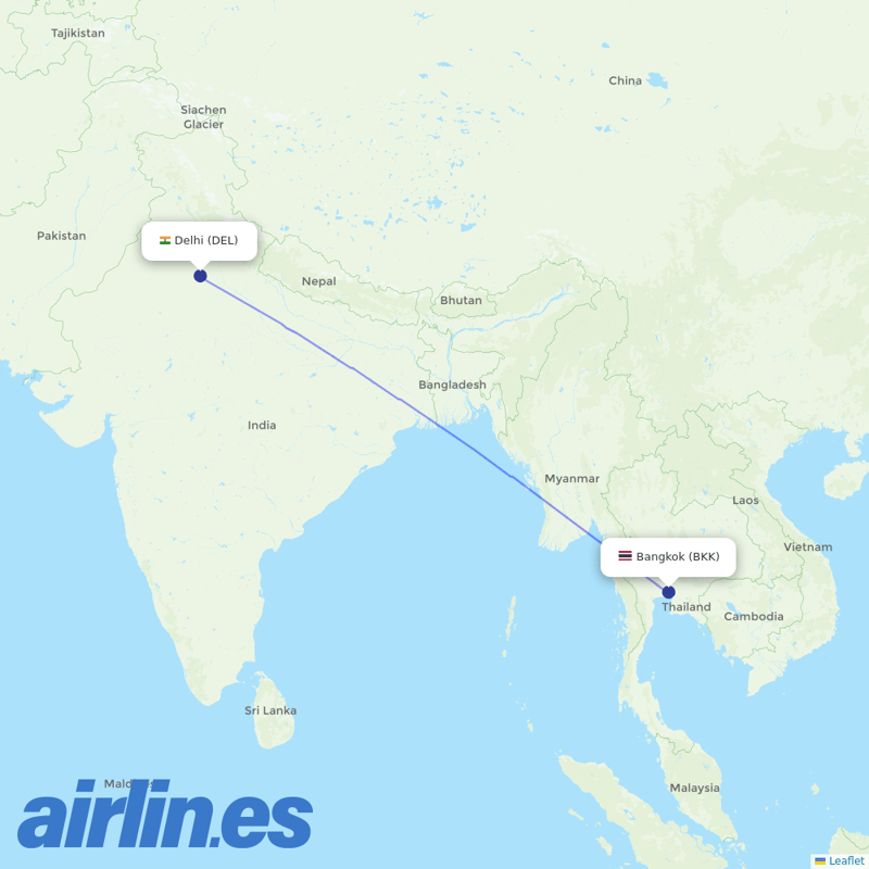Thai Airways International from Indira Gandhi International Airport destination map