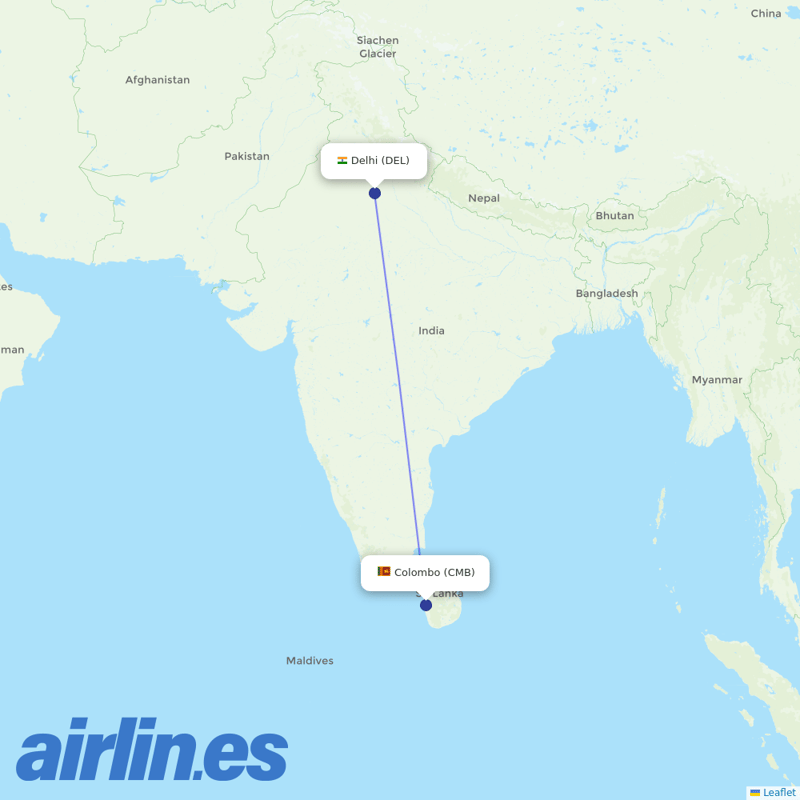 SriLankan Airlines from Indira Gandhi International Airport destination map