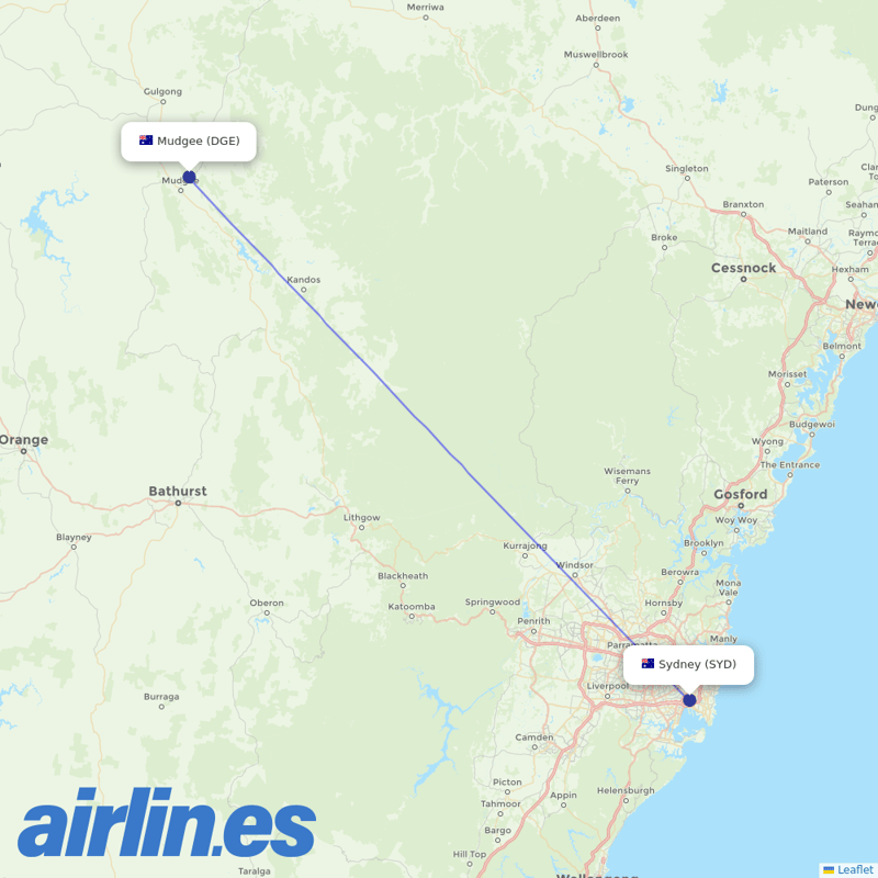 FlyPelican from Mudgee Airport destination map