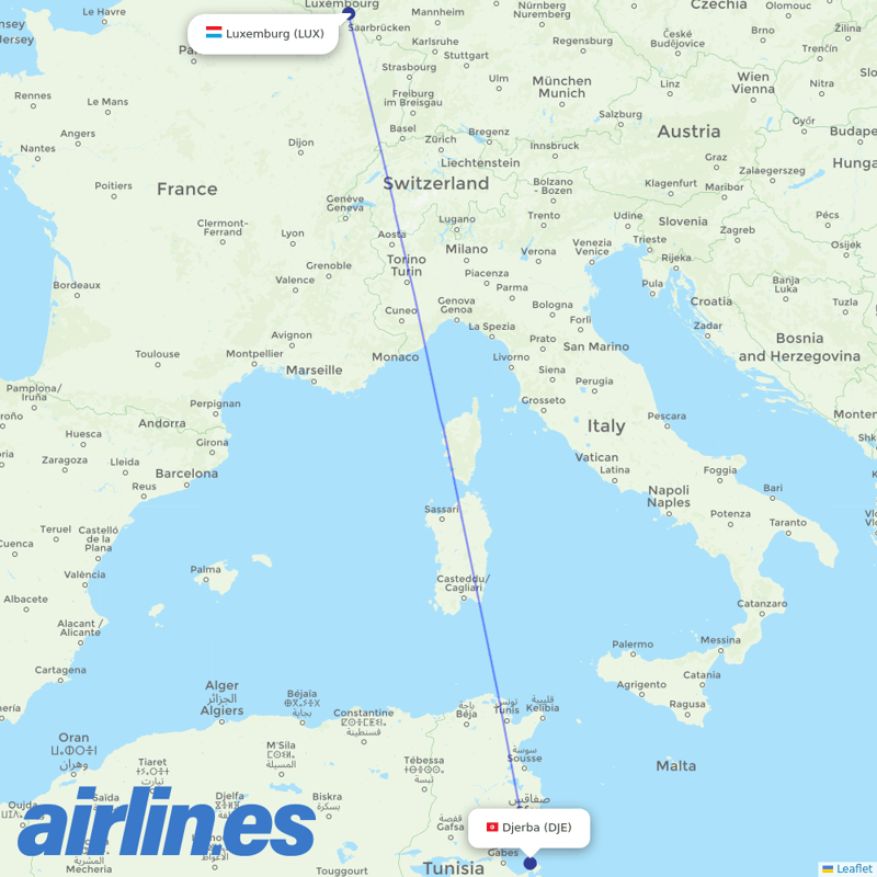 Luxair from Zarzis destination map