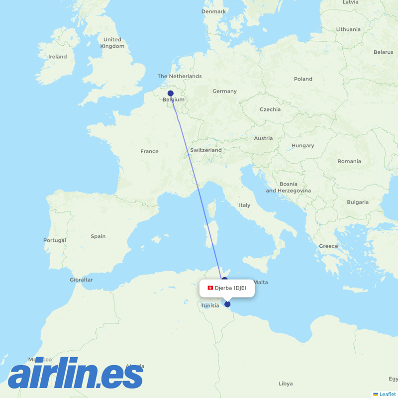 TUI Airlines Belgium from Zarzis destination map