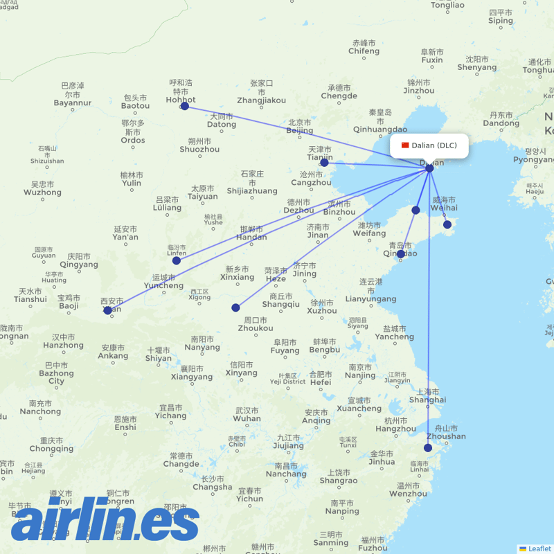 Tianjin Airlines from Dalian Zhoushuizi International Airport destination map