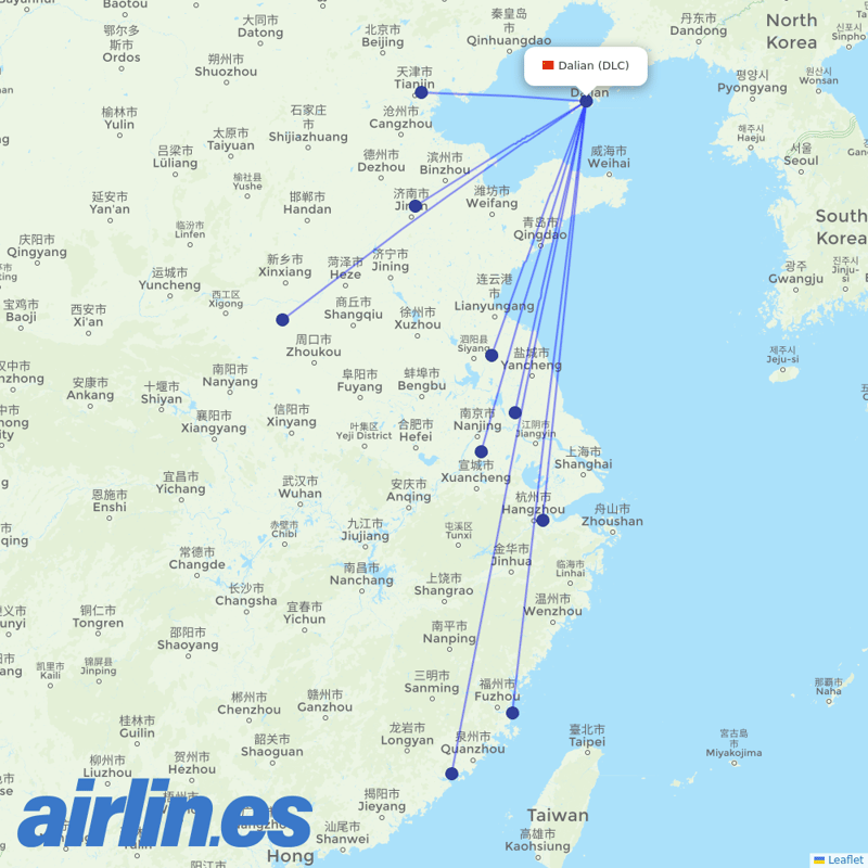Xiamen Airlines from Dalian Zhoushuizi International Airport destination map