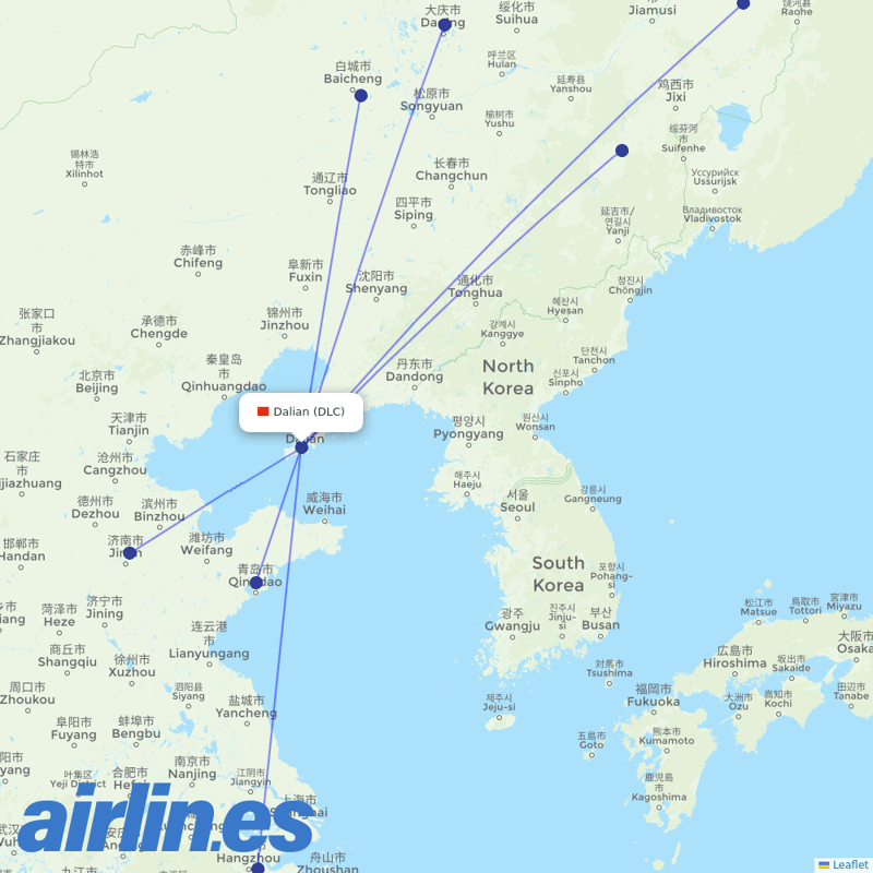 Shandong Airlines from Dalian Zhoushuizi International Airport destination map