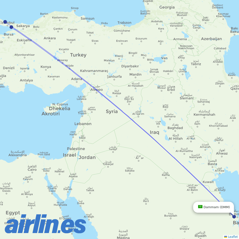 Turkish Airlines from King Fahd International destination map