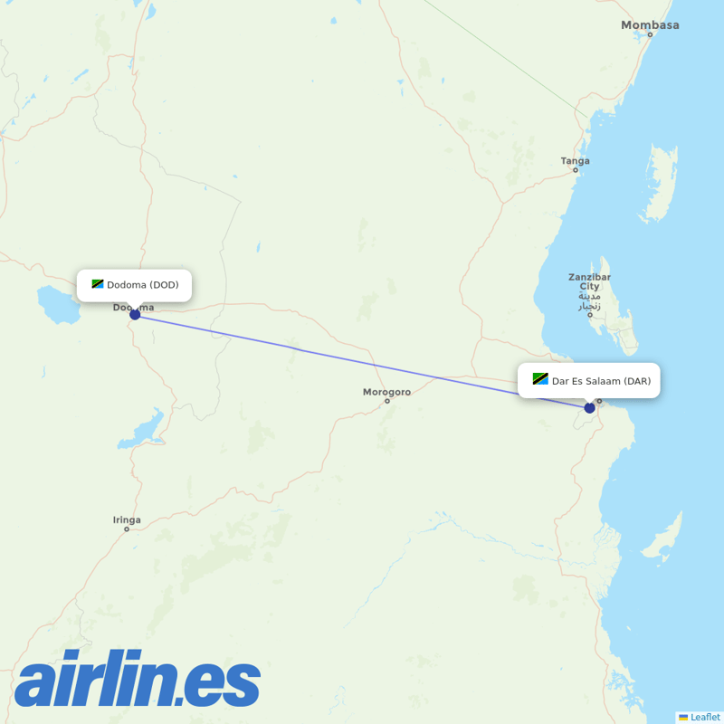 Air Tanzania from Dodoma destination map