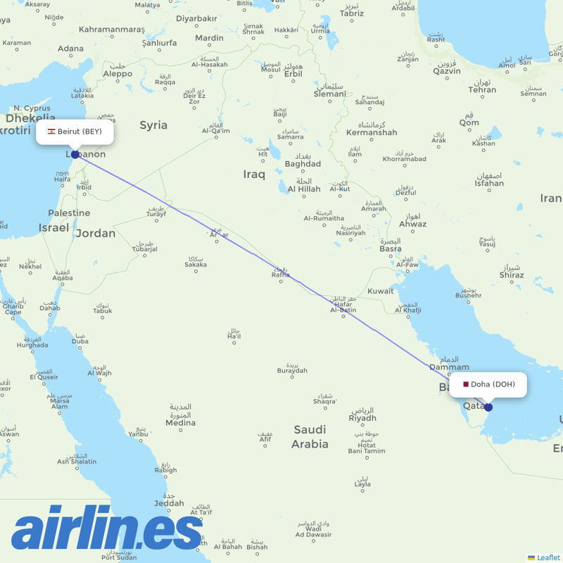 Middle East Airlines from Hamad International Airport destination map