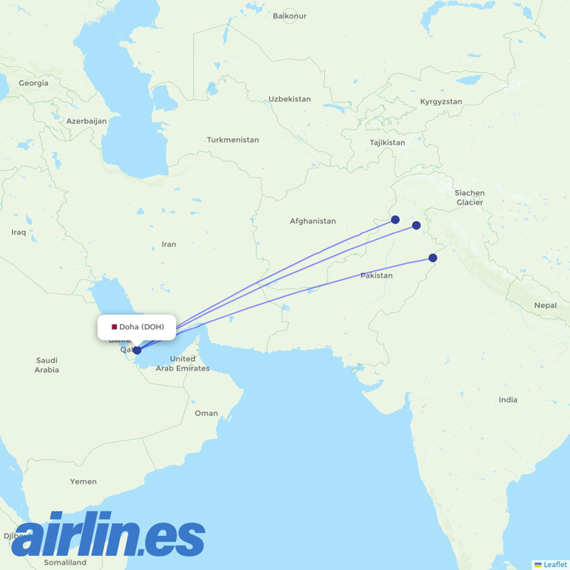 Pakistan International Airlines from Hamad International Airport destination map