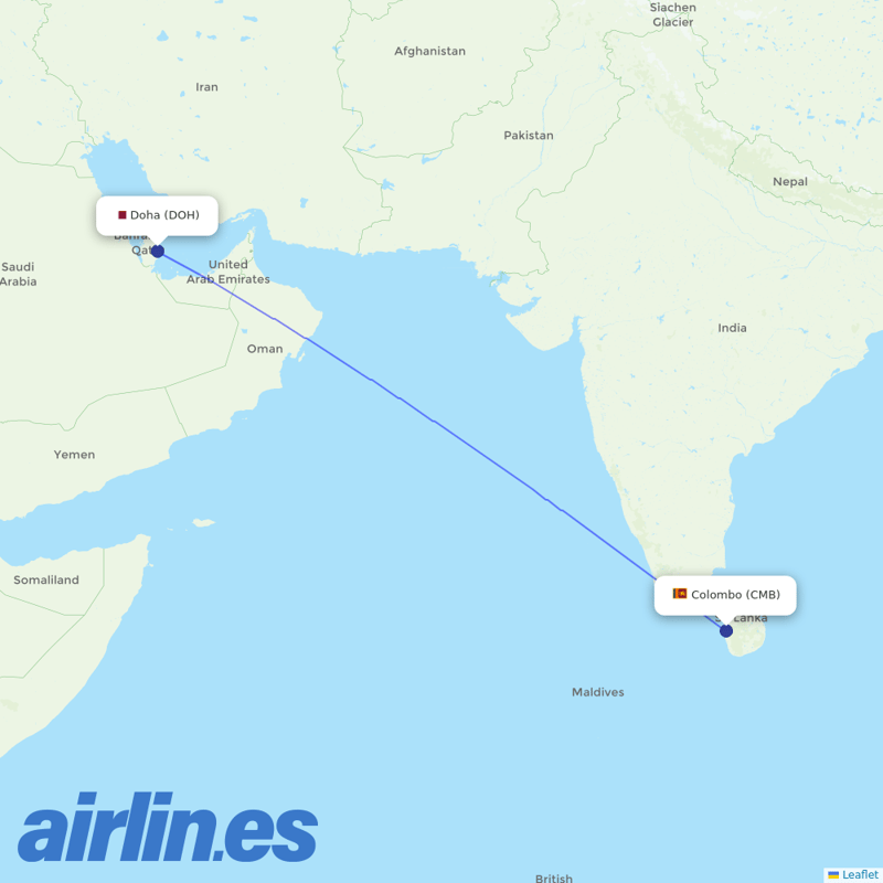 SriLankan Airlines from Hamad International Airport destination map