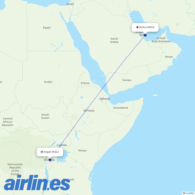 RwandAir from Hamad International Airport destination map