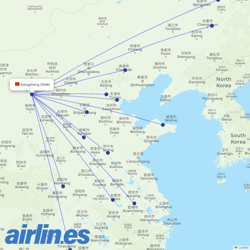 China United Airlines from Dongsheng destination map