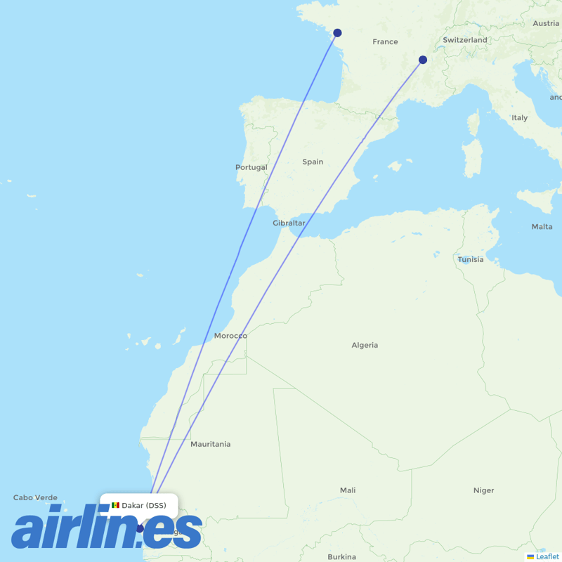 Transavia France from Blaise Diagne Interantional Airport destination map