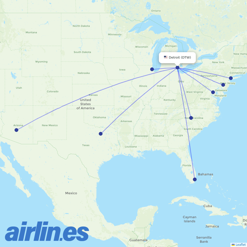 American Airlines from Detroit Metropolitan Airport destination map