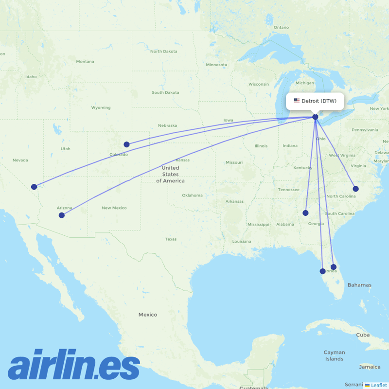 Frontier Airlines from Detroit Metropolitan Airport destination map