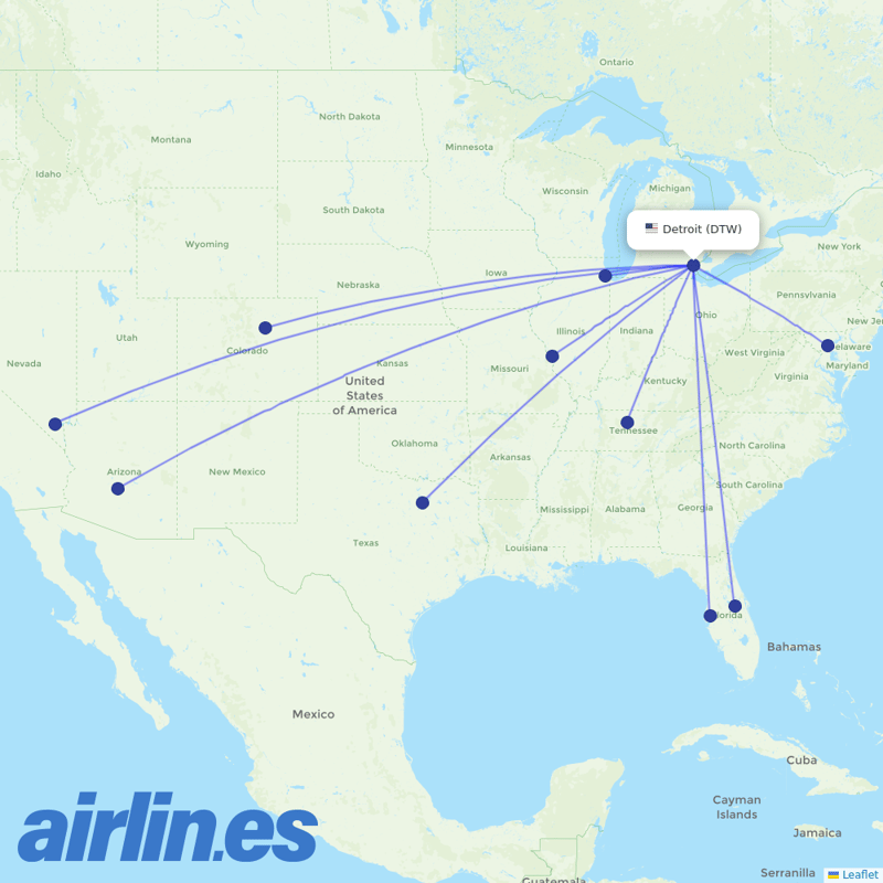 Southwest Airlines from Detroit Metropolitan Airport destination map