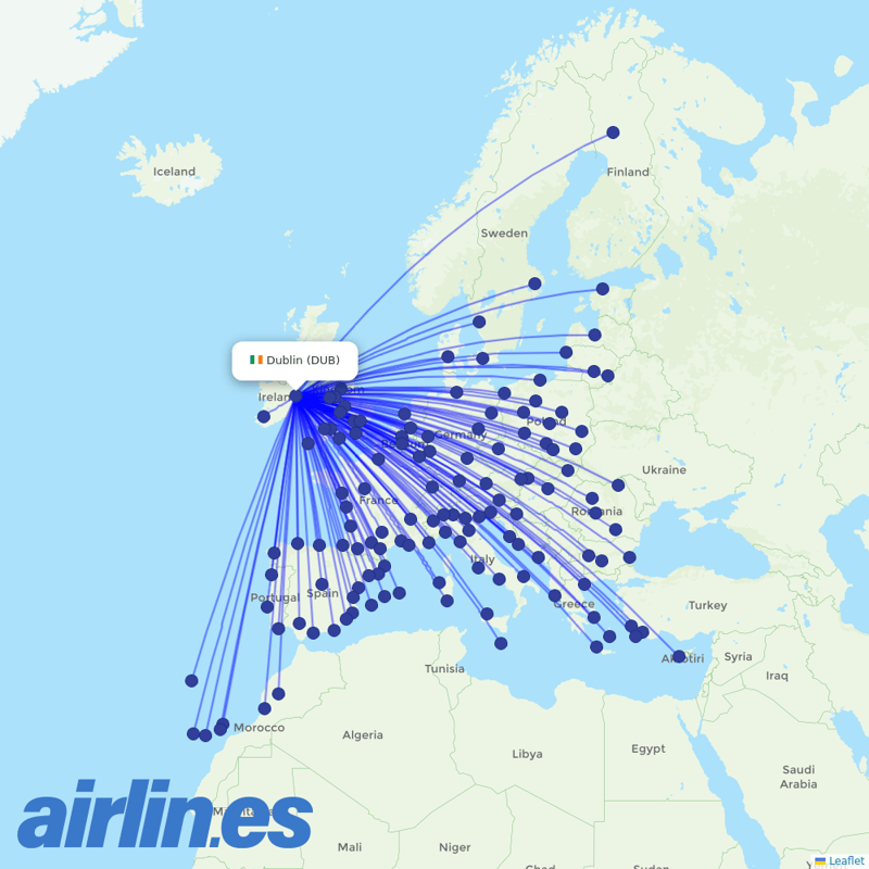 Ryanair from Dublin Airport destination map