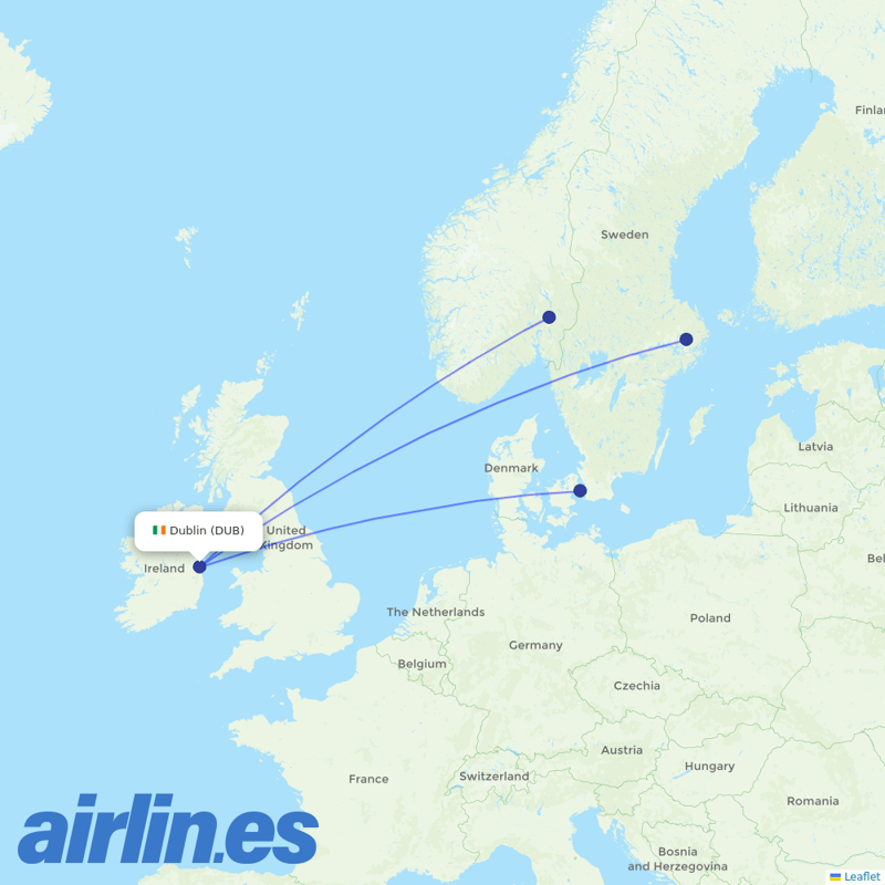 Scandinavian Airlines from Dublin Airport destination map