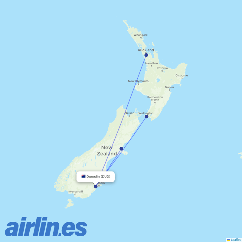 Air New Zealand from Dunedin destination map