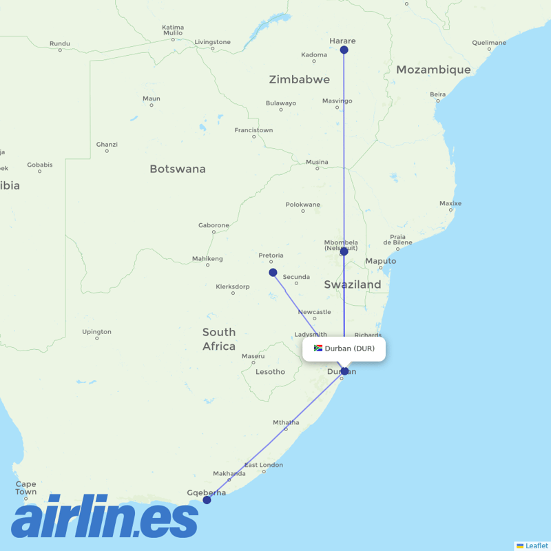 Airlink (South Africa) from Durban International destination map