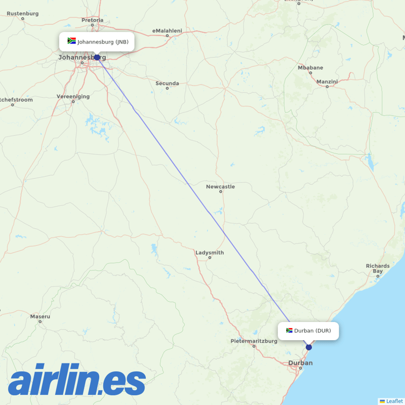 South African Airways from Durban International destination map