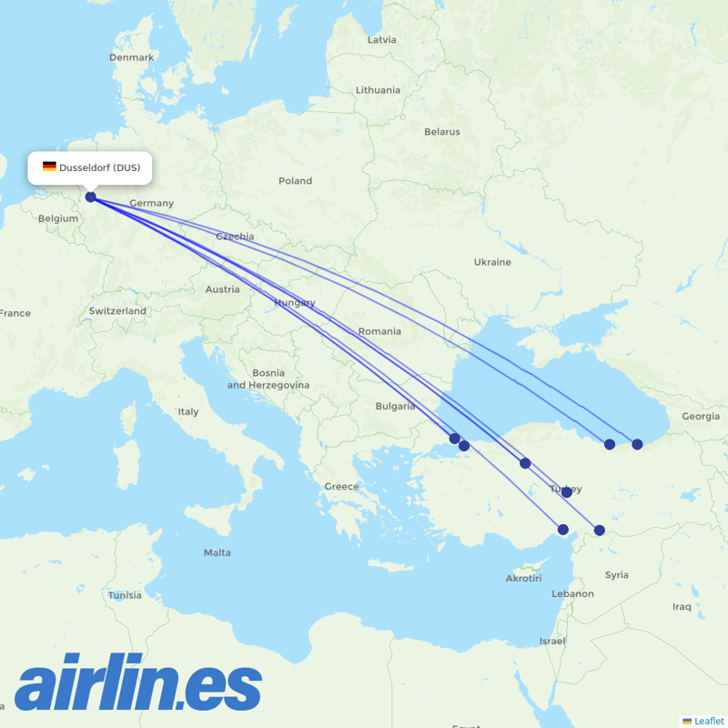 Turkish Airlines from Dusseldorf Airport destination map