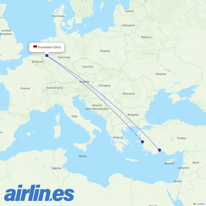 Corendon Airlines from Dusseldorf Airport destination map