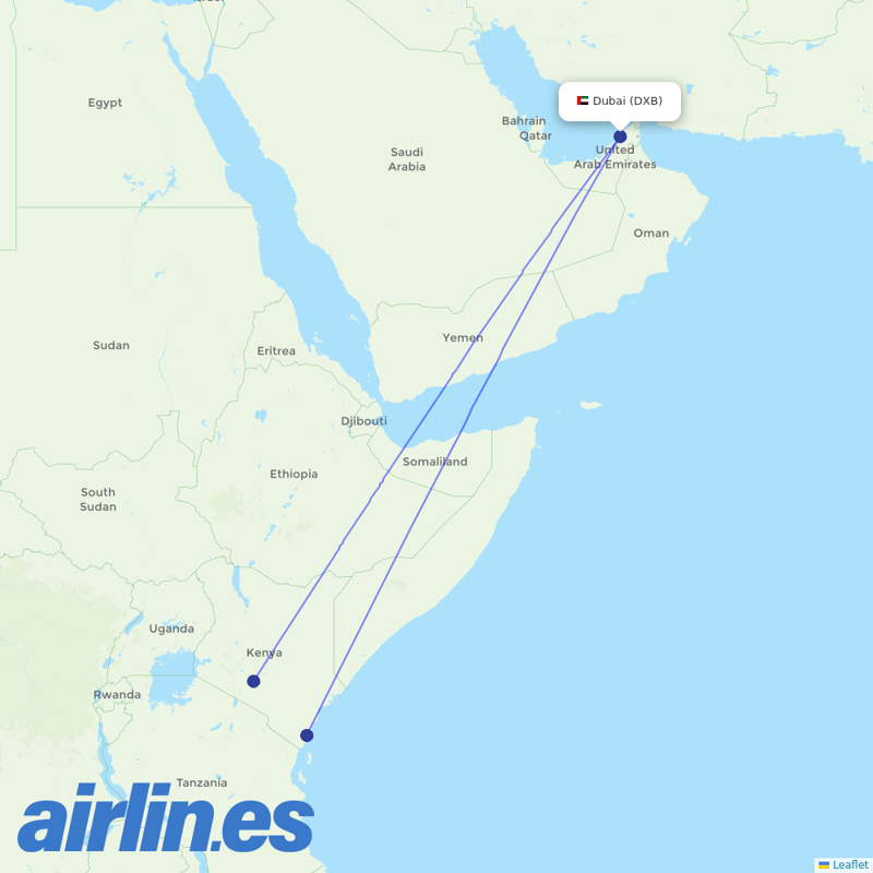 Kenya Airways from Dubai International destination map