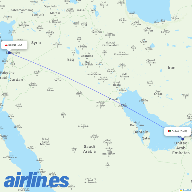 Middle East Airlines from Dubai International destination map