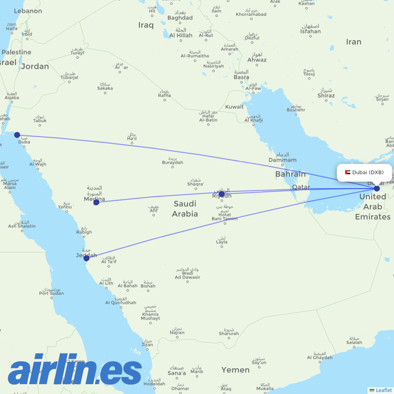 Saudia from Dubai International destination map