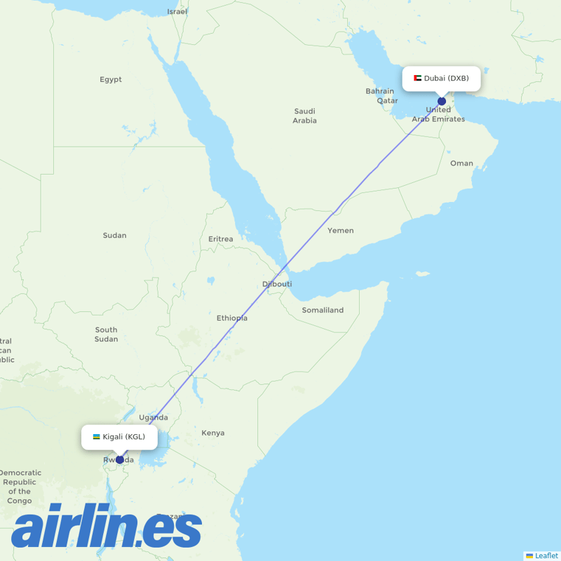 RwandAir from Dubai International destination map