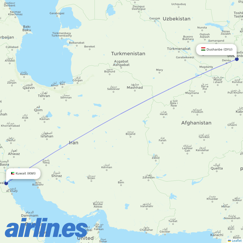 Jazeera Airways from Dushanbe destination map
