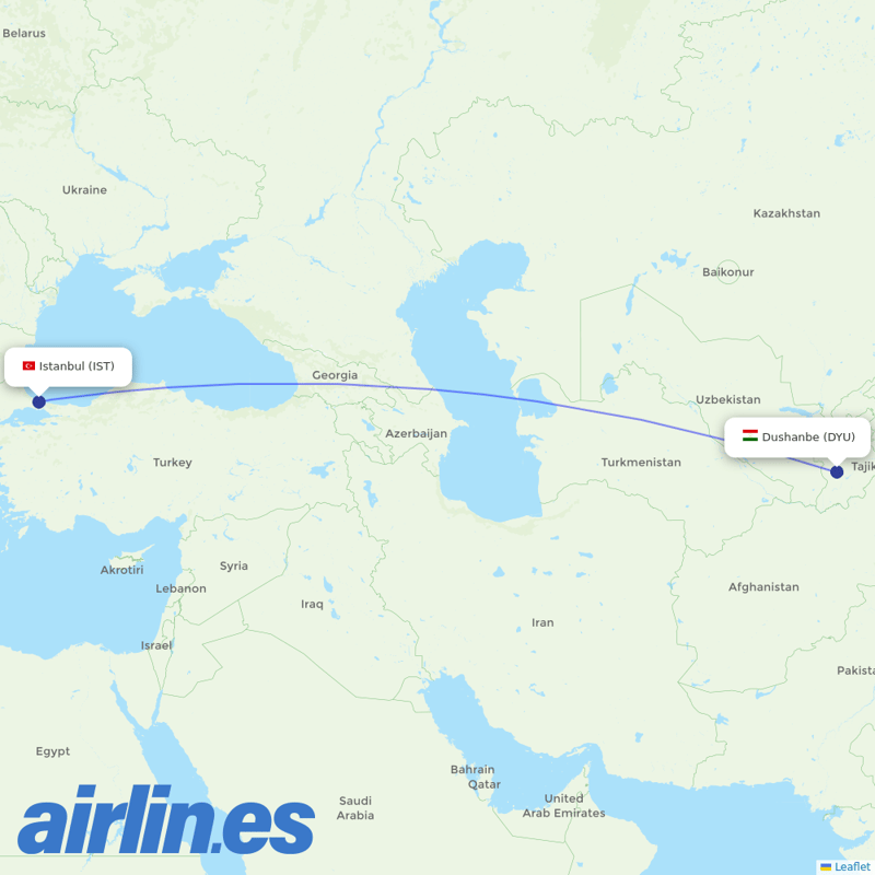 Turkish Airlines from Dushanbe destination map