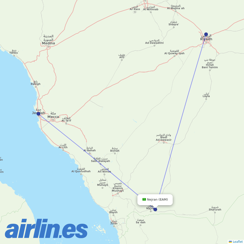 Saudia from Nejran Airport destination map
