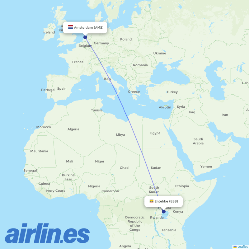 KLM from Entebbe International destination map