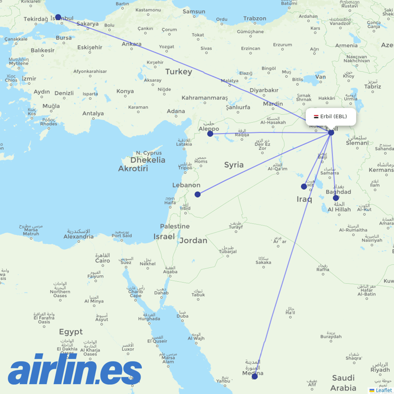 Fly Baghdad from Erbil Intl destination map
