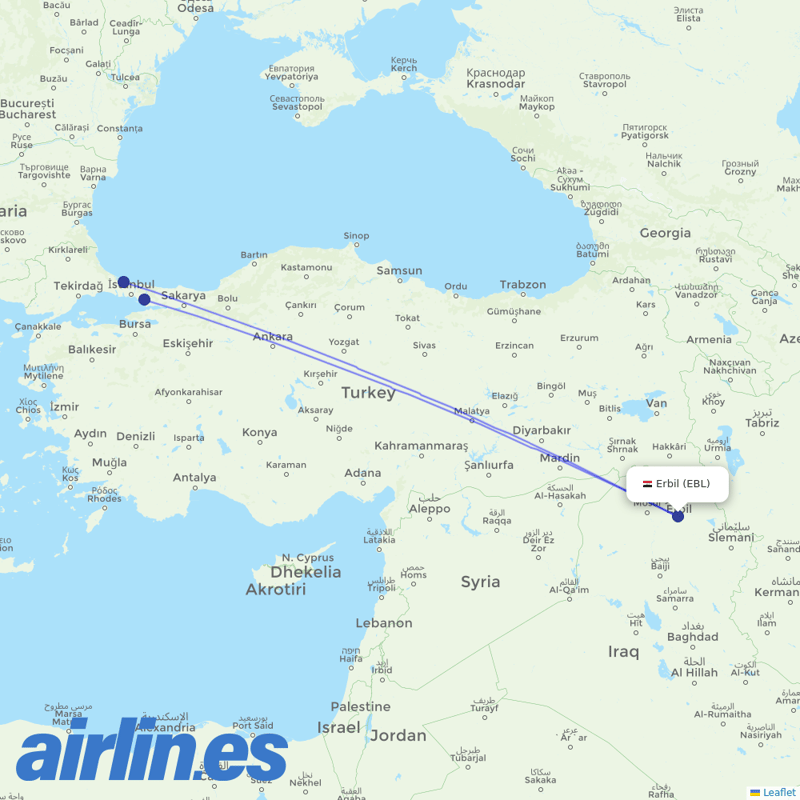 Turkish Airlines from Erbil Intl destination map