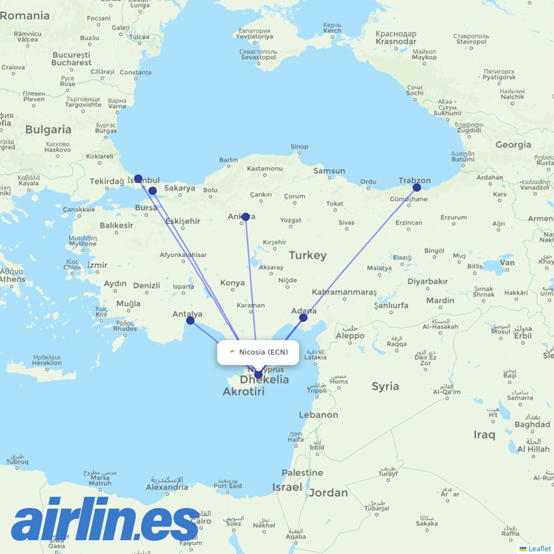 Turkish Airlines from Ercan International Airport destination map