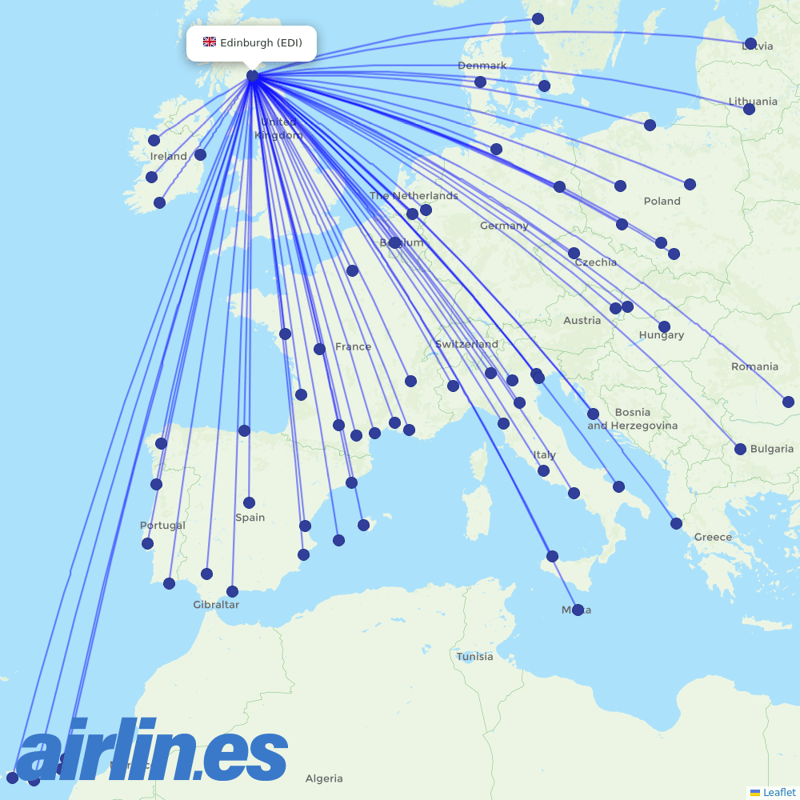 Ryanair from Edinburgh Airport destination map