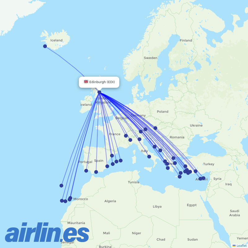 Jet2 from Edinburgh Airport destination map