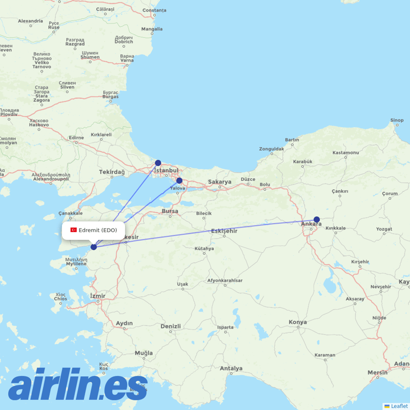 Turkish Airlines from Edremit destination map