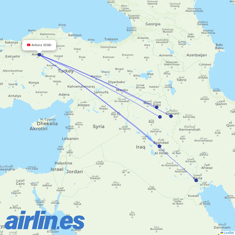Iraqi Airways from Ankara Esenboğa Airport destination map
