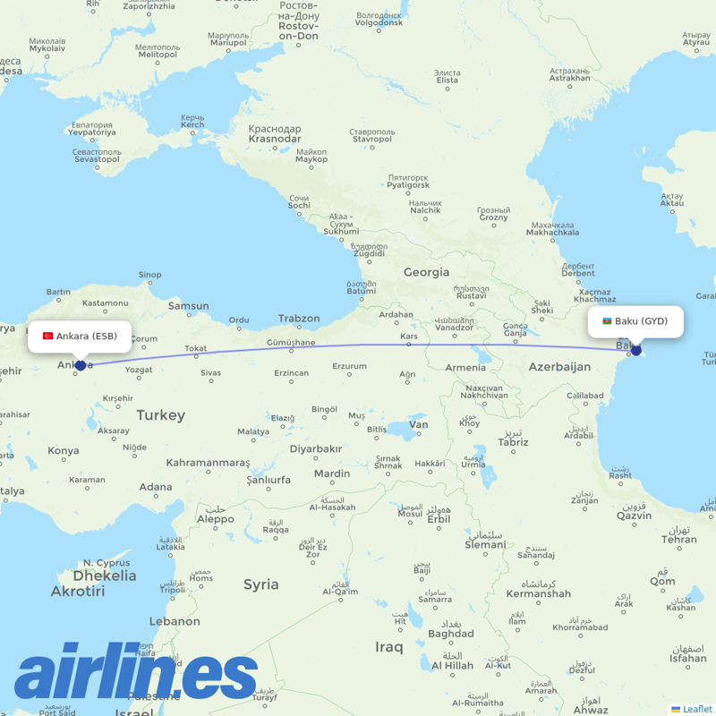 AZAL Azerbaijan Airlines from Ankara Esenboğa Airport destination map