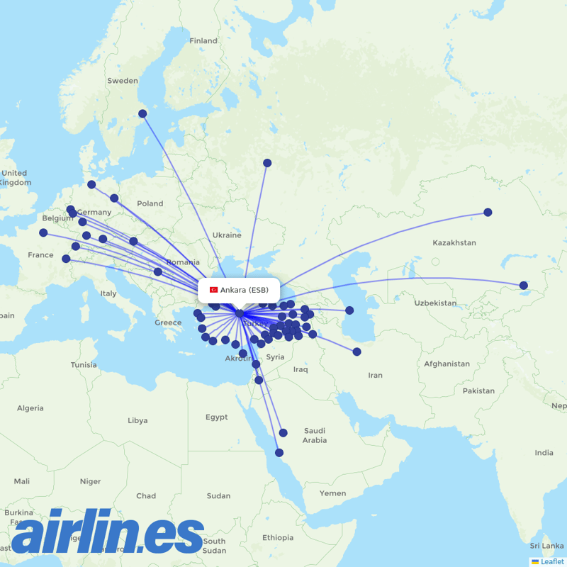 Turkish Airlines from Ankara Esenboğa Airport destination map