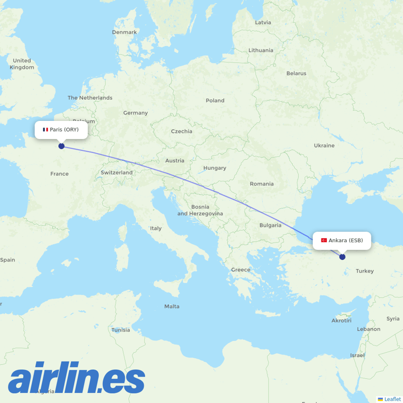Transavia France from Ankara Esenboğa Airport destination map