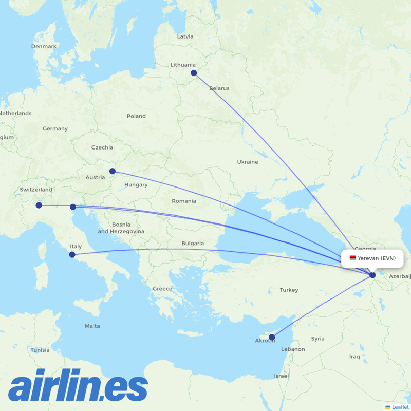 Wizz Air from Zvartnots International Airport destination map