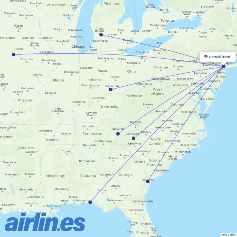 Allegiant Air from Newark Liberty International destination map