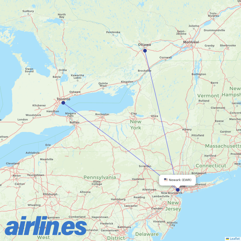 Porter Airlines from Newark Liberty International destination map