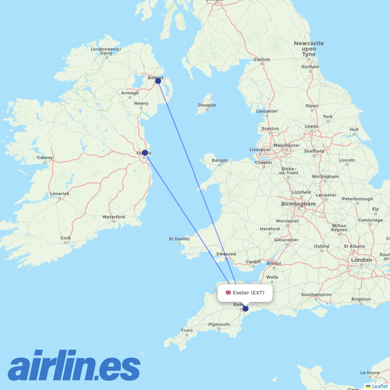 Aer Lingus from Exeter destination map