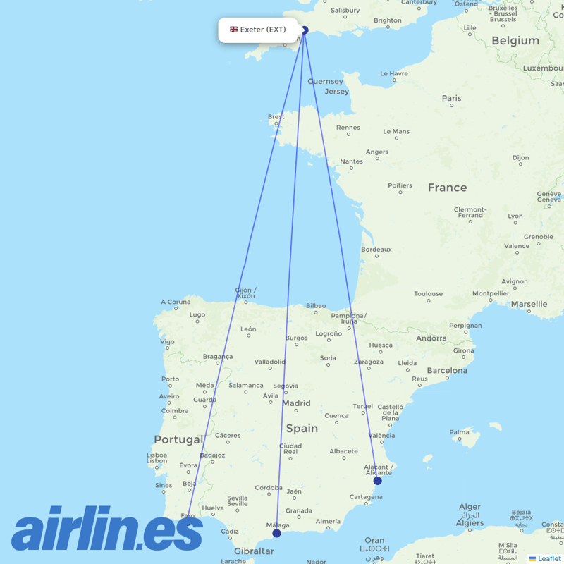 Ryanair from Exeter destination map