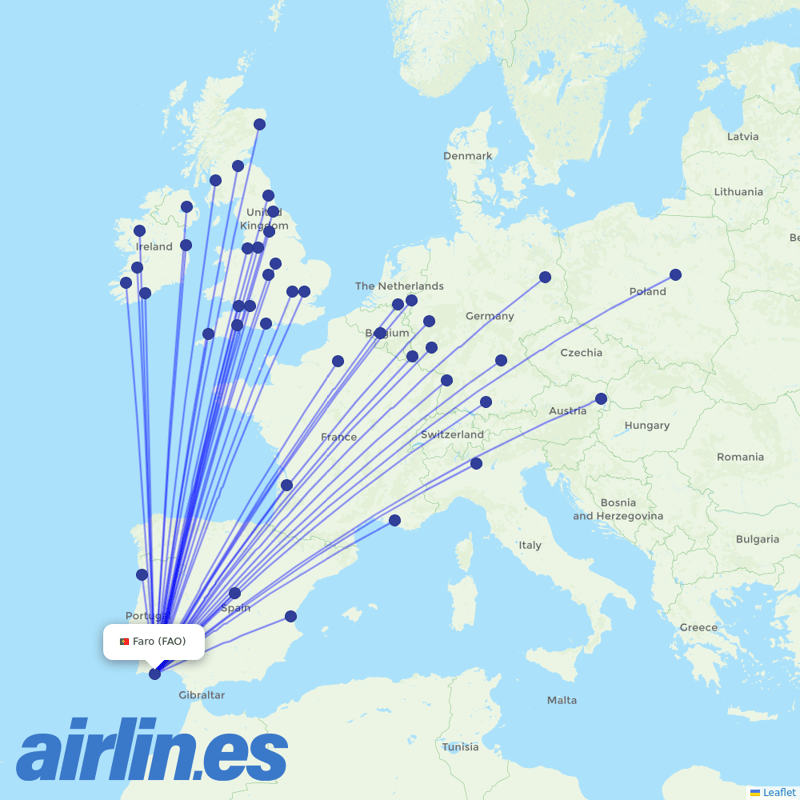 Ryanair from Faro Airport destination map